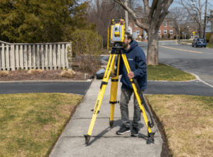 surveyor measuring land with tool